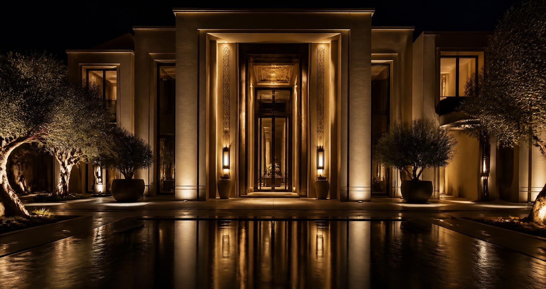 Illuminated luxury villa entrance at night
